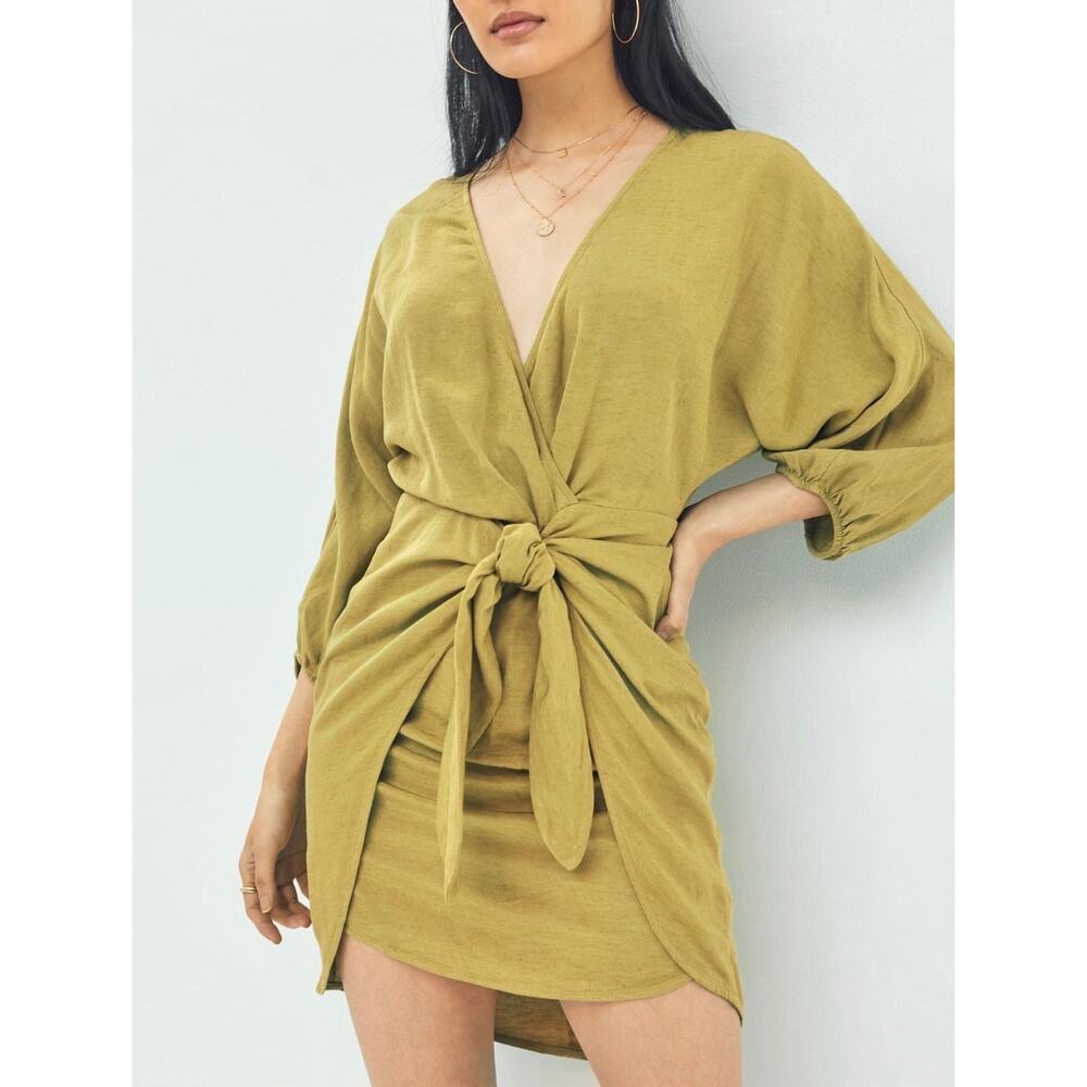 Anthropologie Mini Dress Green Linen Blend Wrap Kimono Dress